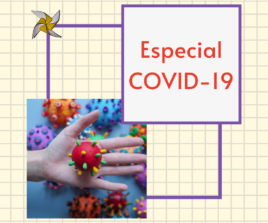Mano con un coronavirus de plasticina y se lee el texto Especial COVID-19
