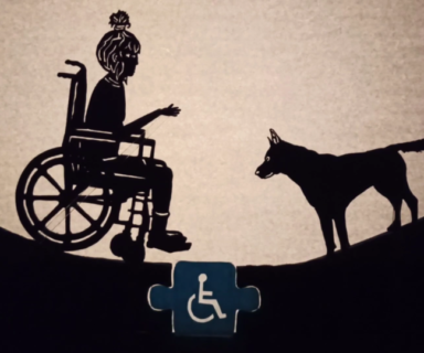 Captura de pantalla de cortometraje Como pez en el agua, aparece la sombra de una persona usuaria de silla de ruedas frente a un perro.