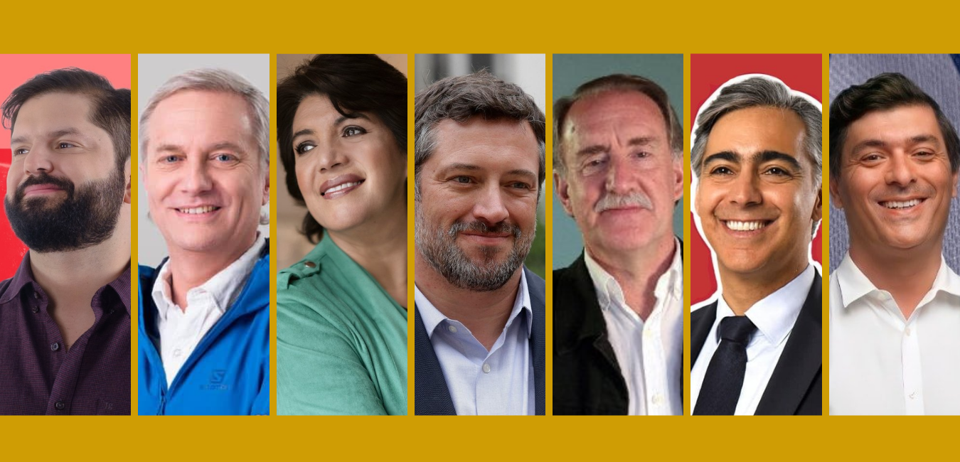 Imagen con los rostros de la candidata y los candidatos a Presidente de Chile: Gabriel Boric, José Antonio Kast, Yasna Provoste, Sebastián Sichel, Eduardo Artes, Marco Antonio Enríquez y Franco Parisi. 