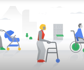 Ilustración de tres personas caminando, una lleva un coche, otra es usuaria de andador y la tercera es usuaria de silla de ruedas.